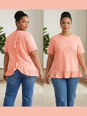 SHEIN LUNE Curve 3XL Peach Peplum Ruffle Hem Top NWT Short Sleeve Boho Pastel